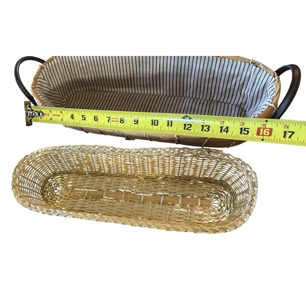 VNTG Woven Bread‎ Basket W/Leather Handles w/ Special Gold Accent Insert 16